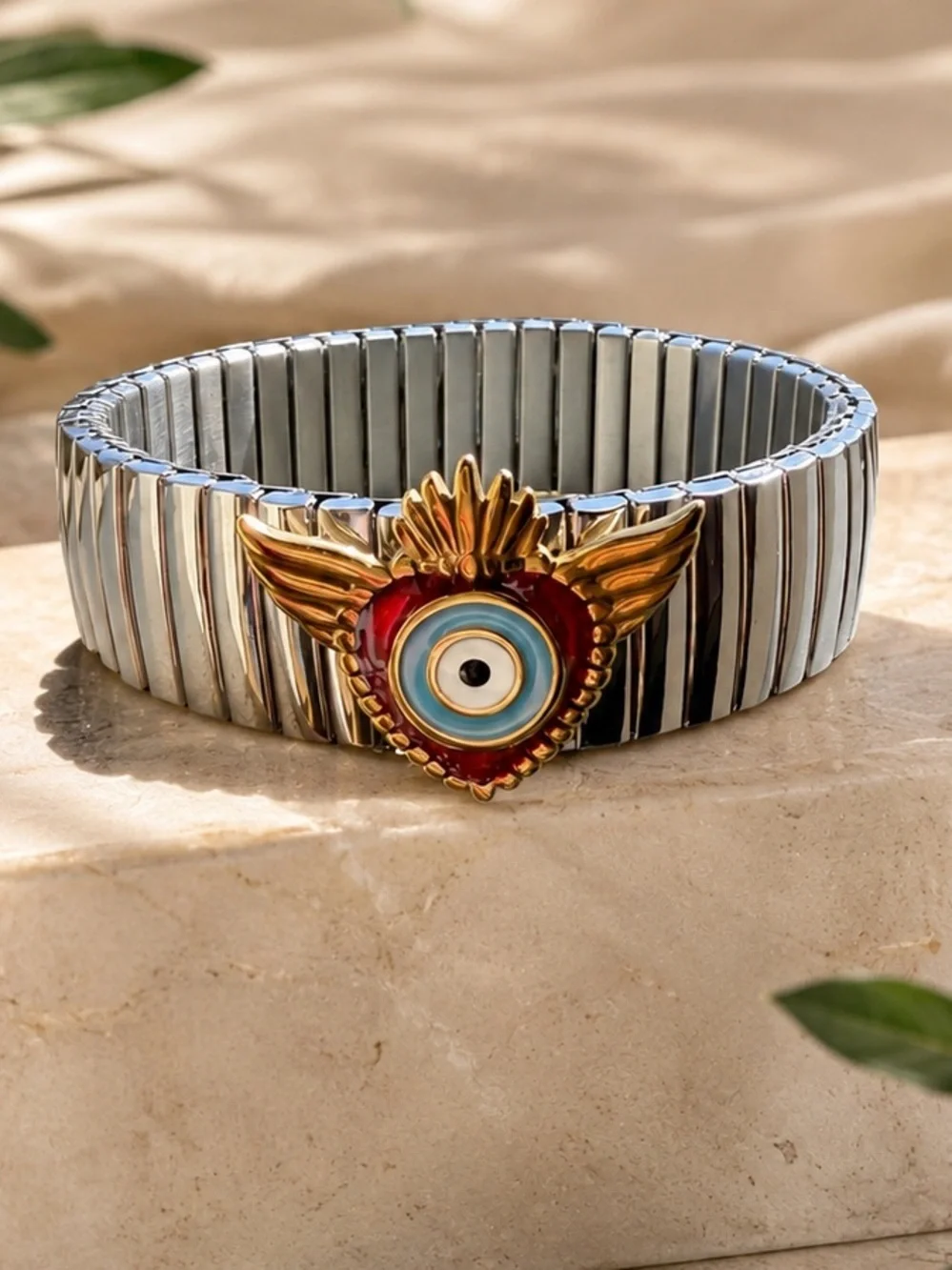 Silver Stretch Bracelet with Fish and Gold Red Evil Eye Accent - Picture 1 of 4
